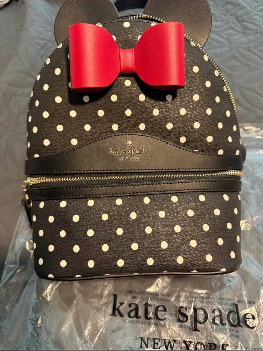 kate spade Black and White Polka Dot Backpack with Red Bow and wallet